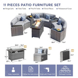 Restland Outdoor Half Moon Patio Furniture Set with Fire Pit Table, Grey Rattan Curved Patio Sectional Sofa, Wicker Conversation Set Restland