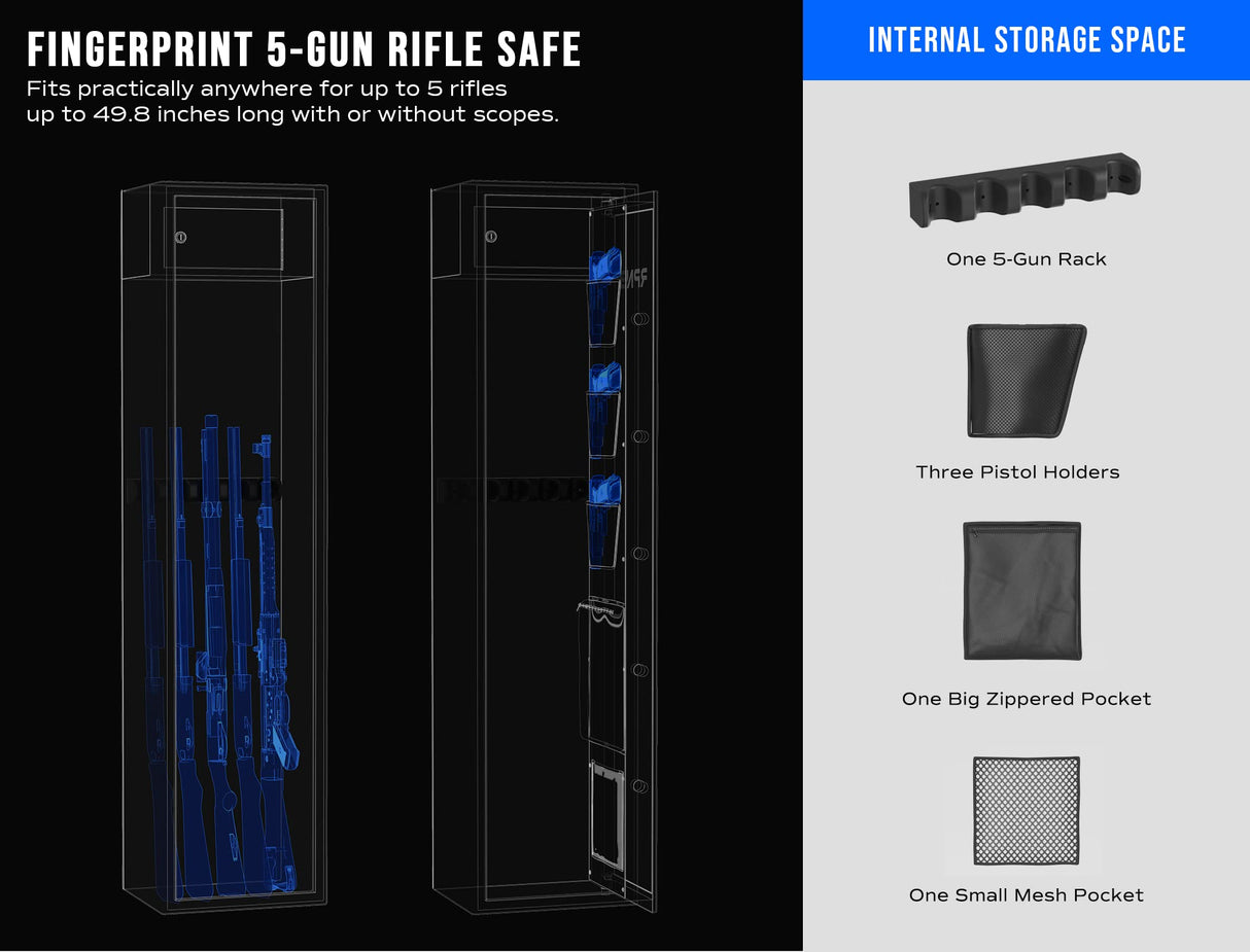 RPNB Large Biometric Rifle Safe,5-Gun Electronic Gun Security Cabinet,Quick Access Fingerprint Long Metal Rifle Gun Security Cabinet with 3 Spoke Safe Handle,Door Organizer,Separate Pistol/Ammo Area RPNB
