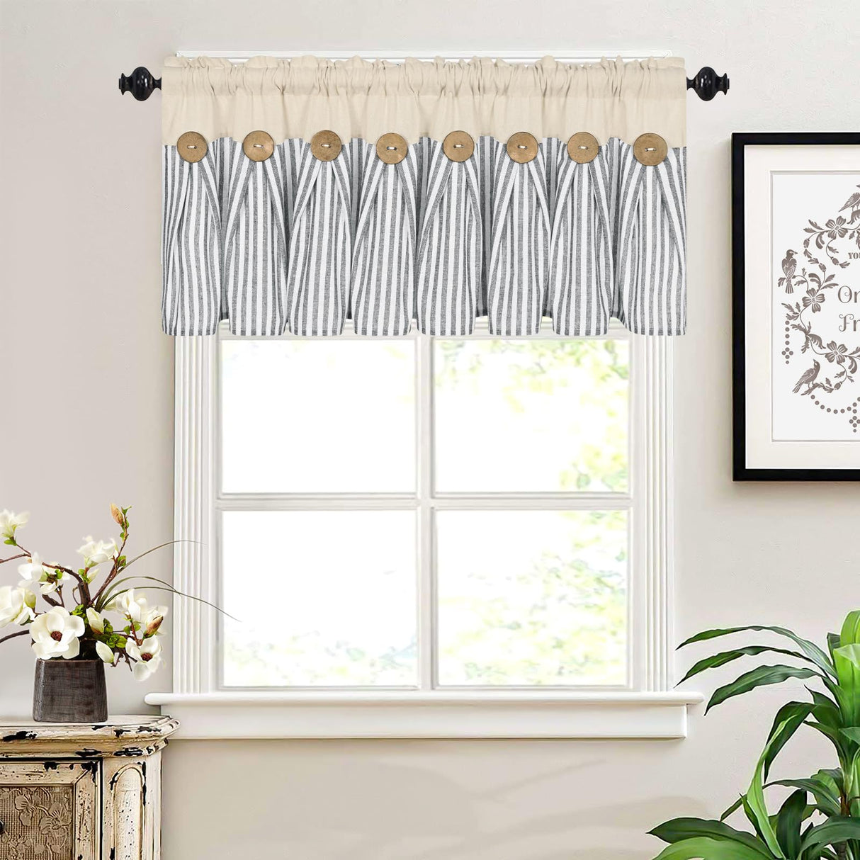 ASPMIZ Cotton Linen Kitchen Valance Curtains, Boho Rustic Button Linen Valances for Windows Farmhouse, Grey Stripe Valance Window Topper Treatment, Window Valances for RV Bathroom Cafe, 52 x 18 Inch ASPMIZ