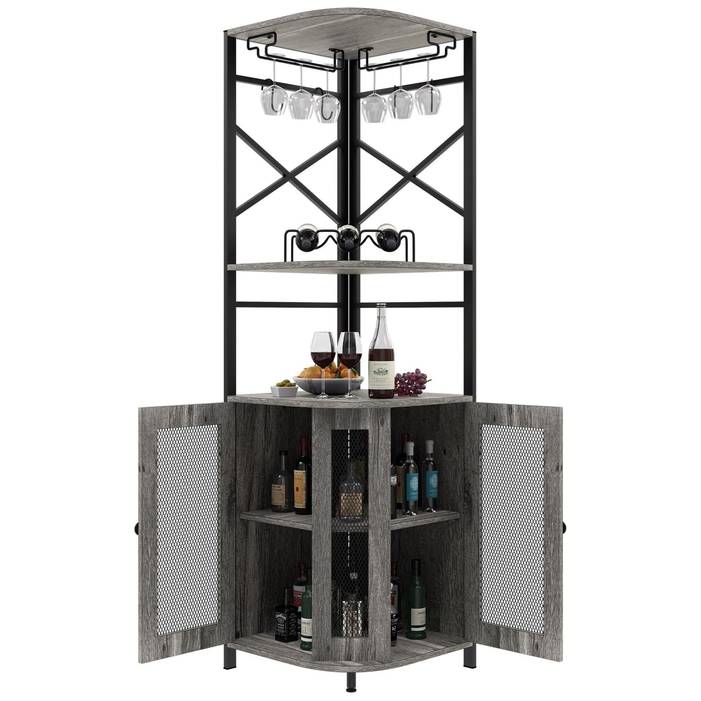 Corner Bar Cabinet, 69" Tall Wine Storage Cabinet with Adjustable Shelf, Industrial Home Display Liquor Cabinet with Glass Holder&Mesh Door, Wine Rack for Dining Room, Kitchen, Living Room (Grey)