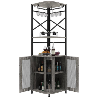 Corner Bar Cabinet, 69" Tall Wine Storage Cabinet with Adjustable Shelf, Industrial Home Display Liquor Cabinet with Glass Holder&Mesh Door, Wine Rack for Dining Room, Kitchen, Living Room (Grey)