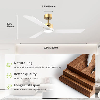 DAMINY Natural Solid Wood White and Gold 52 inch Ceiling Fan with Light,3 Blade Ceiling Fan with Light,6CCT,Low Profile Ceiling Fan with Light and Remote Control