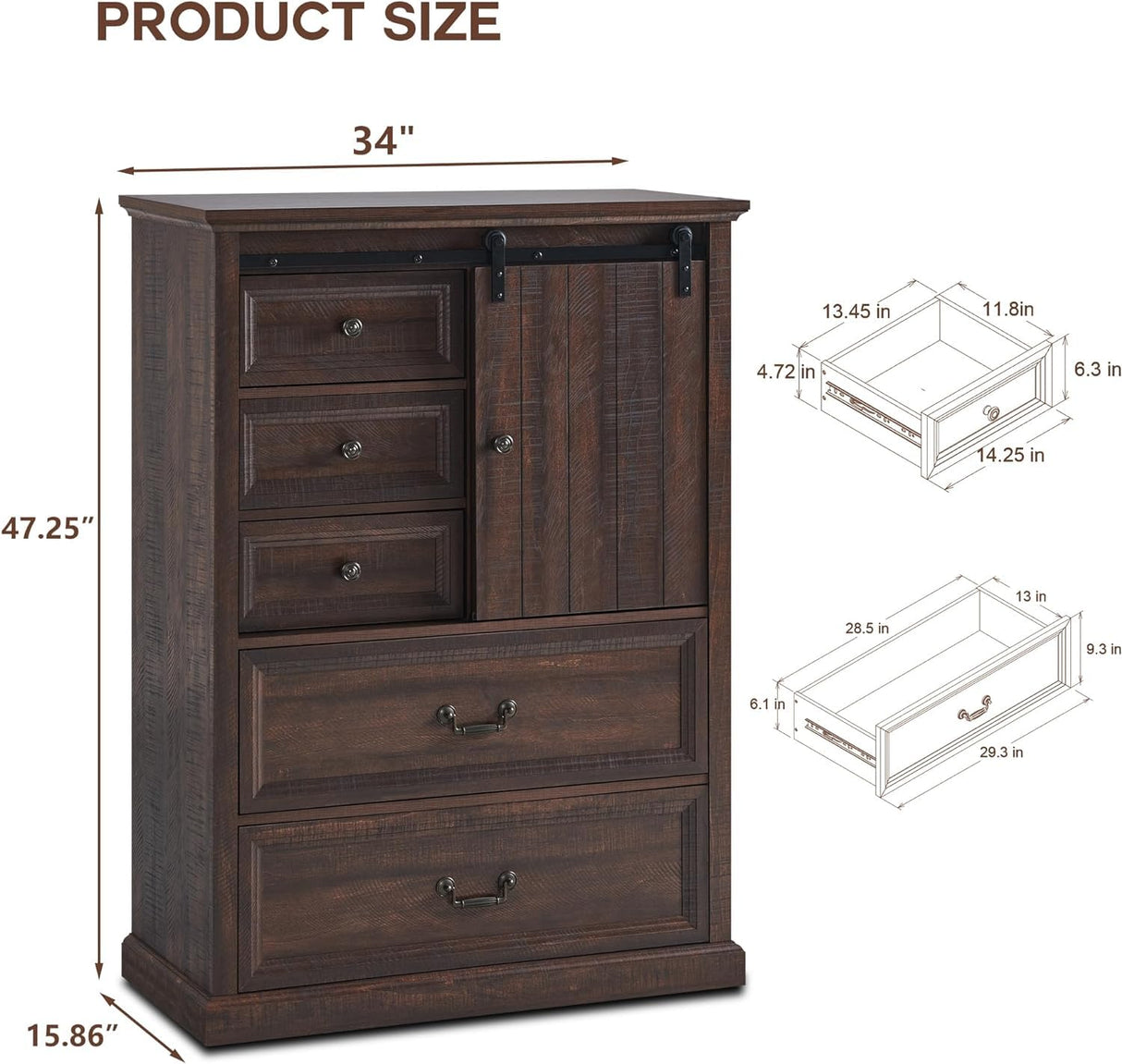 IFGET Farmhouse 5 Drawers Dresser for Bedroom, 47" Tall Chest of Drawers w/Sliding Barn Door, Rustic Wood Dressers Organizer w/Adjustable Shelves for Bedroom, Living Room, Kitchen, Brown IFGET