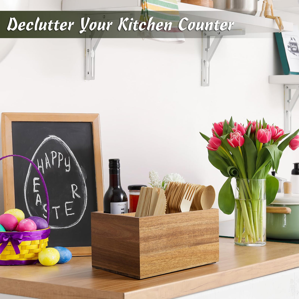 DRASTAR Utensil Caddy, Silverware Caddy for Party, Acacia Wood Silverware Holder, Silverware Organizer Countertop, Cutlery Storage Containers for Kitchen Table DRASTAR