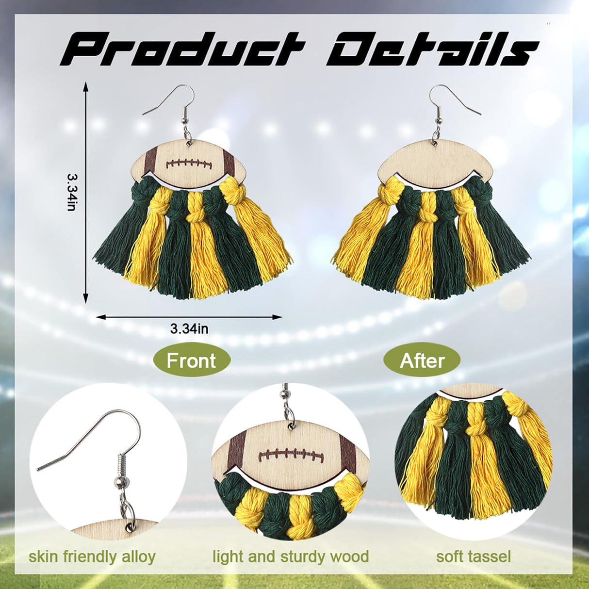 Hying Football Earrings for Women, Sports Rolls Ball Dangle Earrings Green Yellow Tassel Pendant Earrings Holiday Fashion Jewelry Gift Earrings for Super Bowl Celebration Party Favor Hying