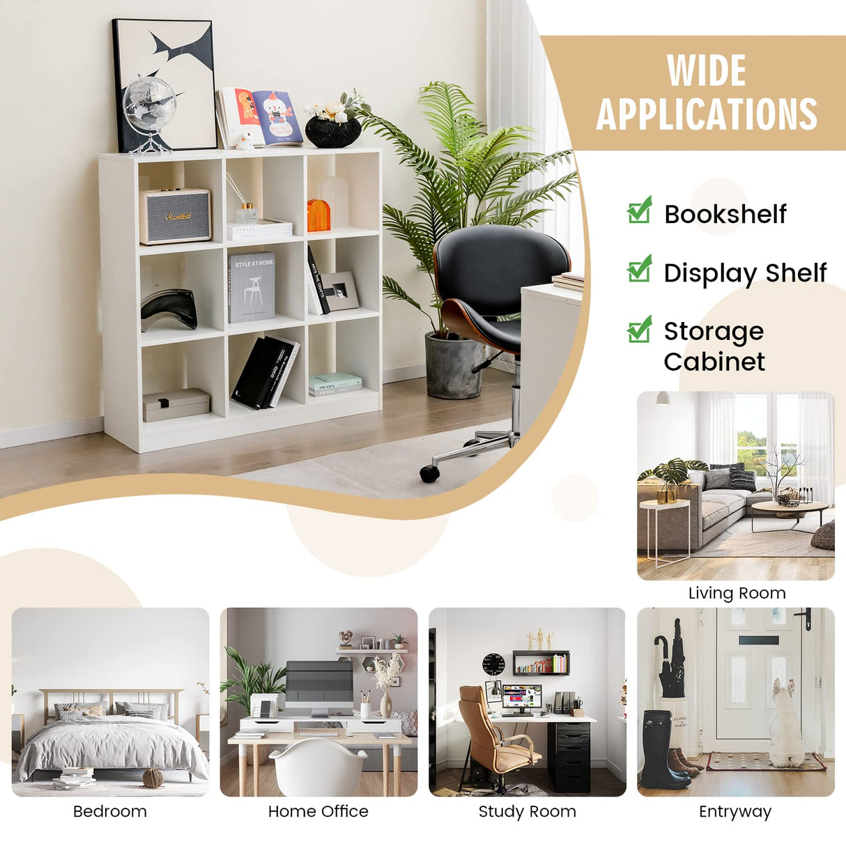 Giantex 9-Cube White Bookcase - Modern 4-Tier Freestanding Storage Organizer with Anti-Tipping Kit Giantex