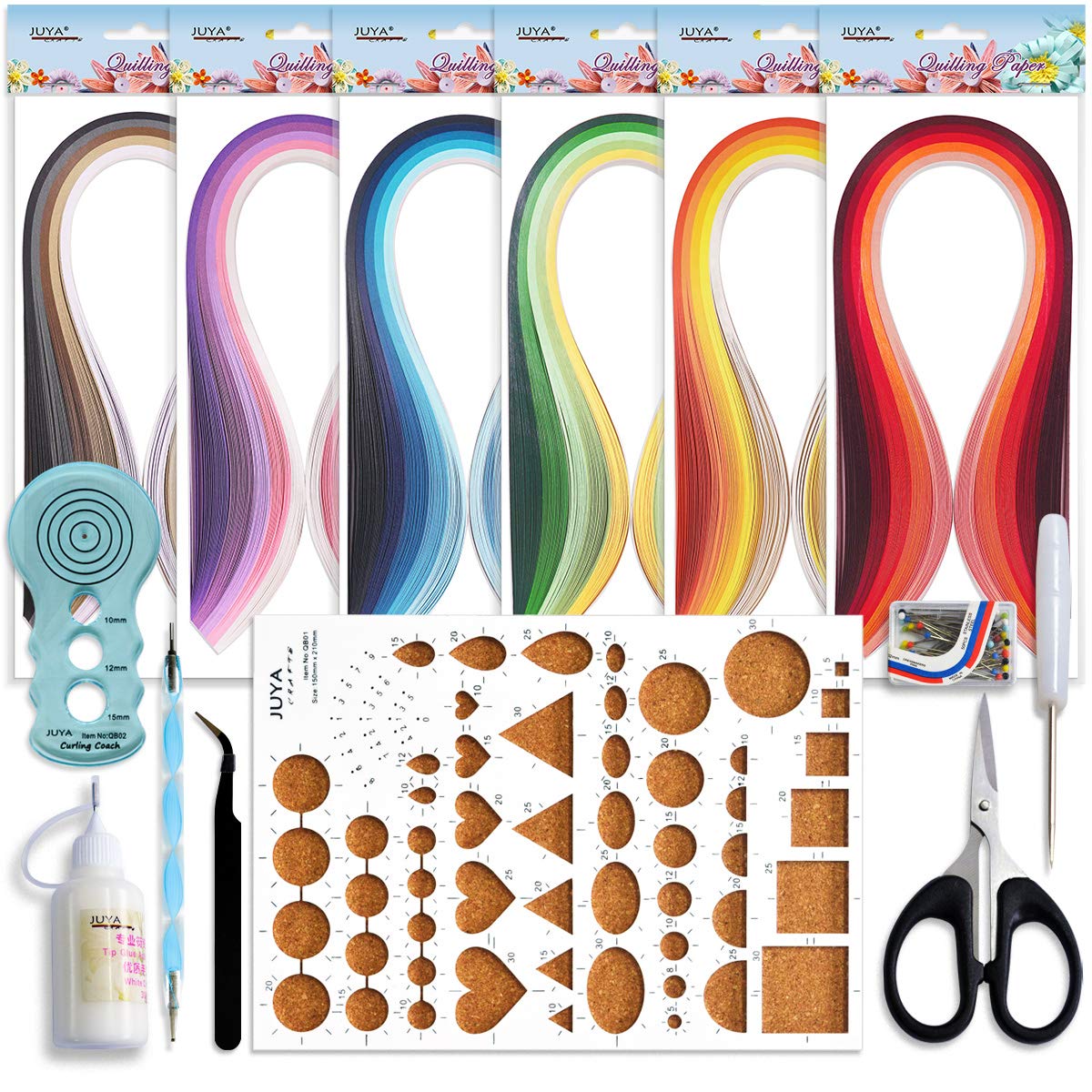 JUYA Paper Quilling Kits with 30 Colors 600 Strips and 8 Tools (Width:3mm with Glue, Blue Tools) JUYA