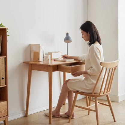 Small Wood Desk - 100% Oak Writing Desk with Drawer - Wooden Writing Computer Table - Simple Study Makeup Table for Bedroom/Home Office - 31.49inch