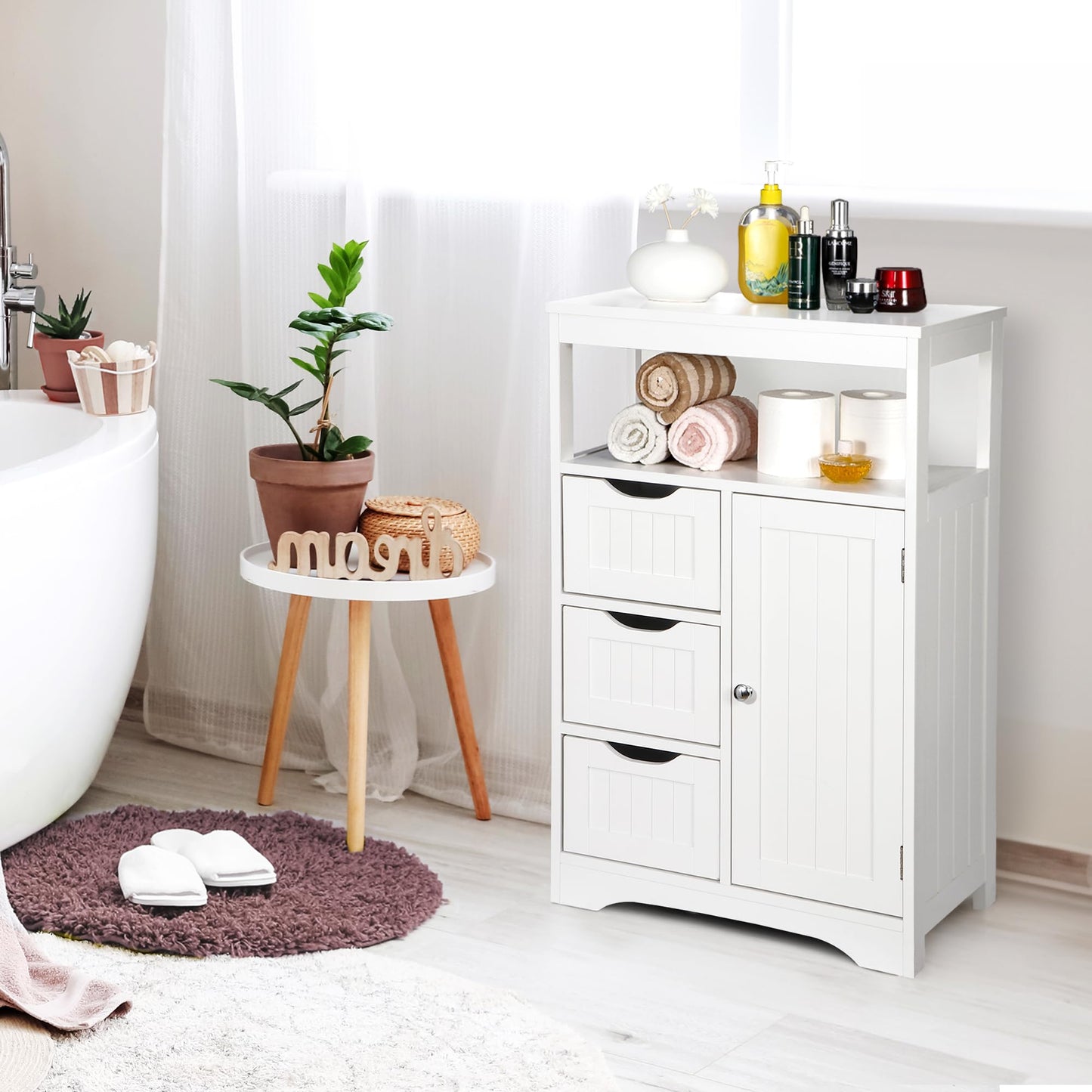 ZENY Bathroom Floor Cabinet Wooden Storage Organizer with Adjustable Shelf and 3 Drawers, Modern Free-Standing Cupboard for Living Room, Bathroom, Bedroom, White