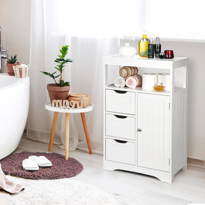 ZENY Bathroom Floor Cabinet Wooden Storage Organizer with Adjustable Shelf and 3 Drawers, Modern Free-Standing Cupboard for Living Room, Bathroom, Bedroom, White