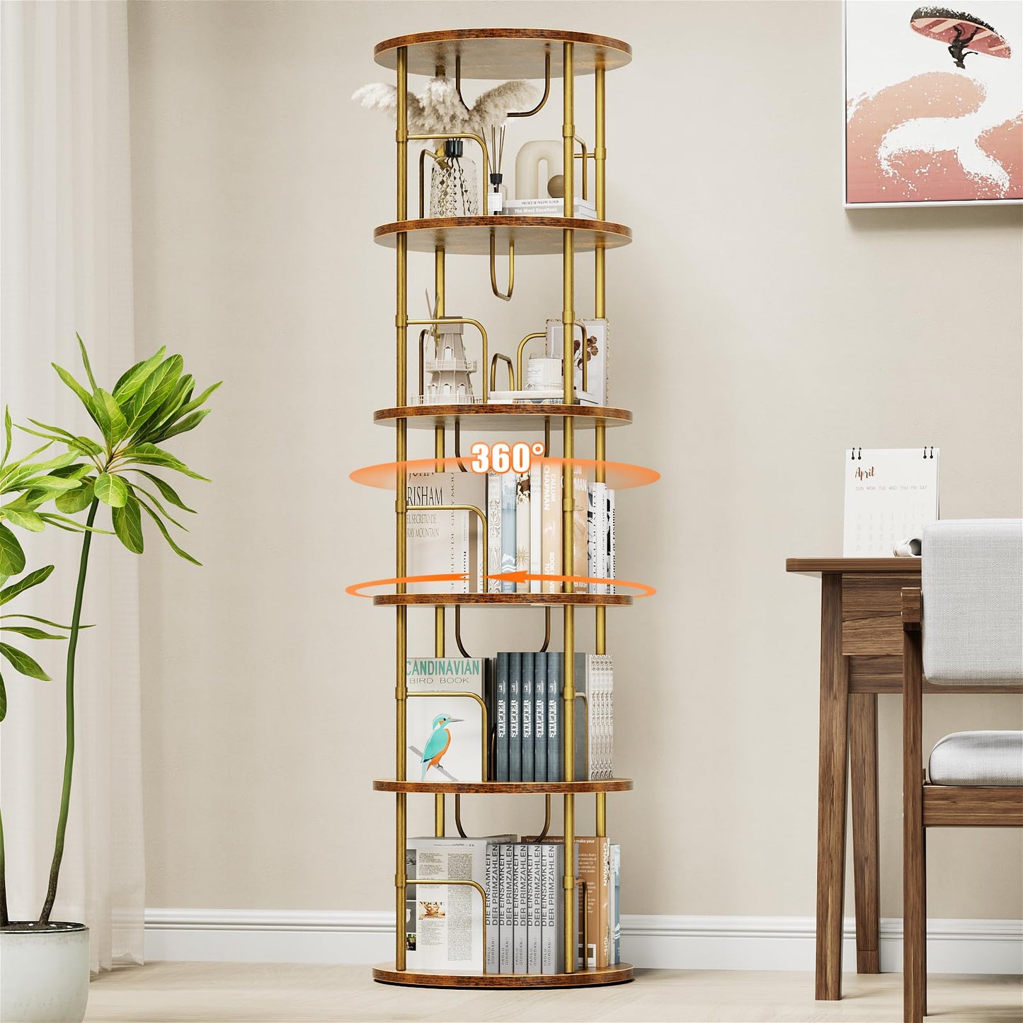 ALLSTAND 5-Tier 360° Rotating Gold Bookshelf - Space-Saving Swivel Bookcase for Stylish Storage - WoodArtSupply