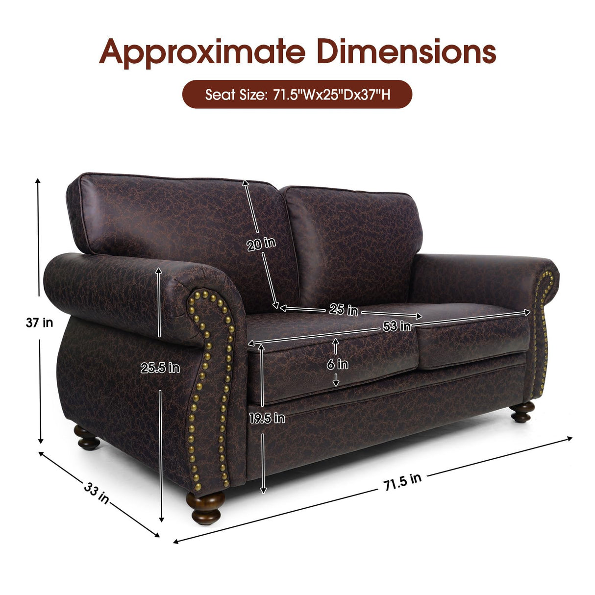 Couchus Mid-Century Vintage Sofa Couches with Rivet Design,loveseat Sofa,Removable Sofa Cover Upholstered Cushions and Solid Wood Frame (Brown, Loveseat) Couchus