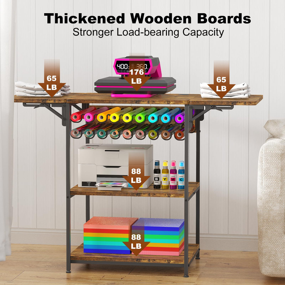 EasyCom 19.7"x46.5" Heat Press Table with 18 Vinyl Roll Holders, Adjustable Height 3 Tier Heat Transfer Machine Stand with Wheels, Foldable Crafting Table for DIY Sublimation Transfer Machine EasyCom