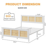 GarveeHome Queen Rattan Bed Frame with Headboard, White Boho Cane Platform Bed Frame with Strong Metal Slat, Noise Free, No Box Spring Needed GarveeHome