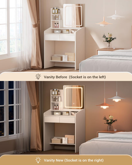 LIVELYGLOW Small Vanity Desk Set with Square Mirror and Light- Vanity Desk with Drawer- White LIVELYGLOW