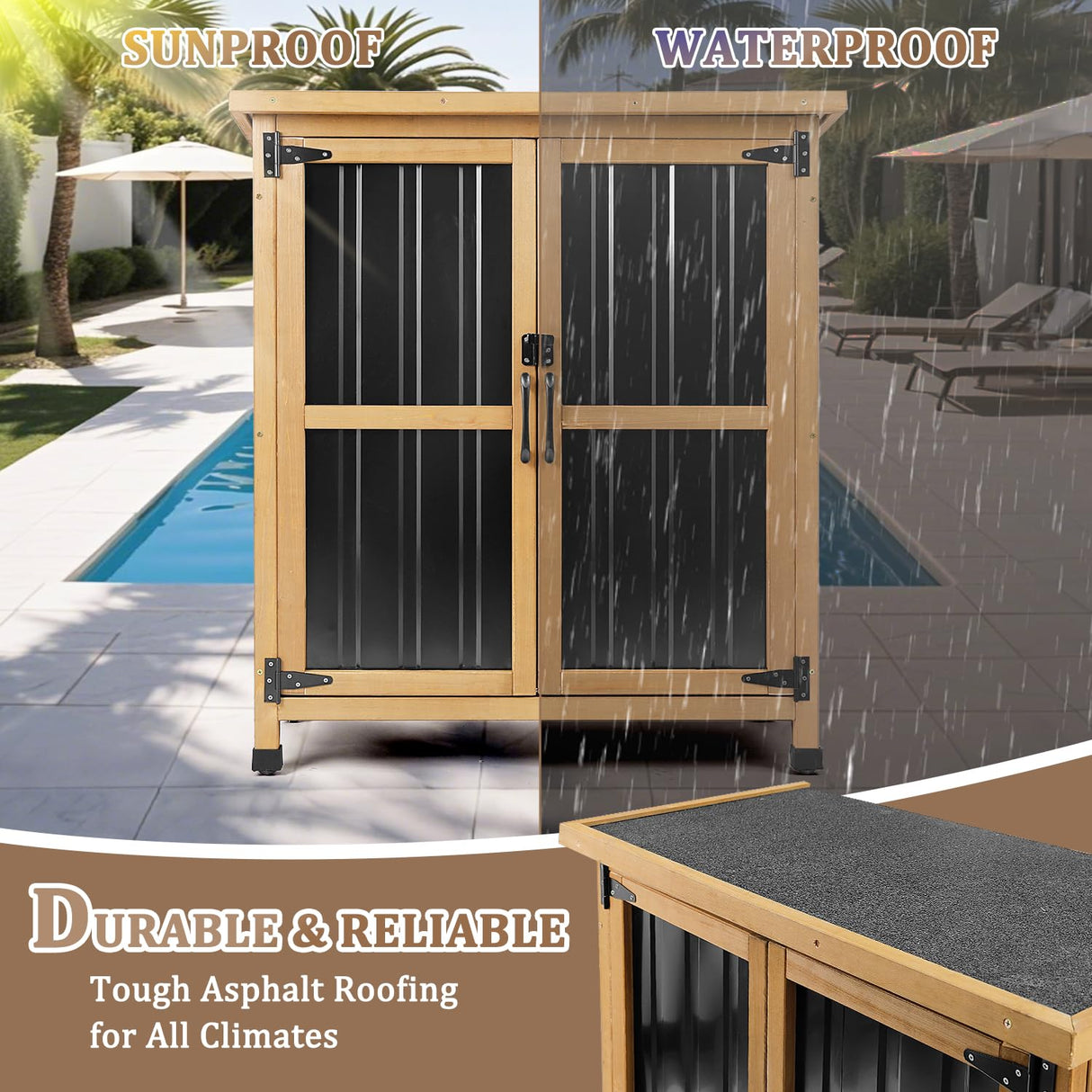Weatherproof Outdoor Storage Cabinet with Lockable Doors, Wood & Metal Garden Storage Shed Patio Storage Box for Tools & Lawn Equipment, Pool Accessories PetsCosset