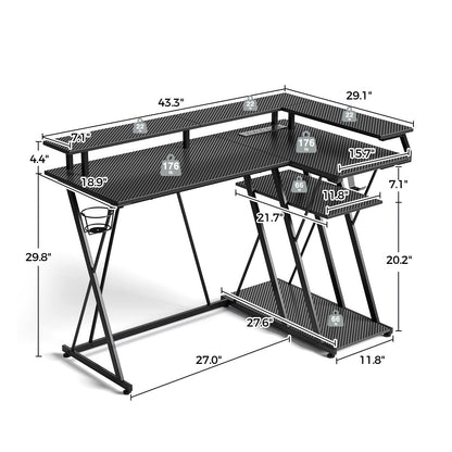 SEVEN WARRIOR L Shaped Gaming Desk with LED Lights & Power Outlets, 43” Reversible Corner Desk with Storage Shelf, Computer Desk with Monitor Stand, Gaming Table with Cup Holder, with Hooks,  - WoodArtSupply