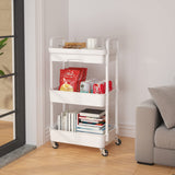 Calmootey 3-Tier Rolling Utility Cart with Drawer,Multifunctional Storage Organizer with Plastic Shelf & Metal Wheels,Storage Cart for Kitchen,Bathroom,Living Room,Office,White Calmootey