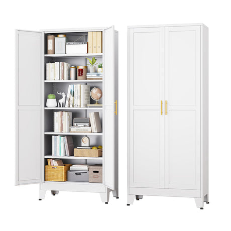 RISTERN White Metal Storage Cabinet,75" Steel File Cabinet for Home Office, Kitchen Pantry Storage Cabinet with Doors and 5 Adjustable Shelves, Tool Cabinet, for Office, Home, Garage, School RISTERN