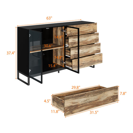 Hitow High Gloss Curio Display Cabinet for Collectibles, 63" W Lighted Bookshelf, Metal and Wood Bookshelf with Glass Doors & Drawers, Rustic Glass Display Case for Living Room, Black & Wood Grain Hitow