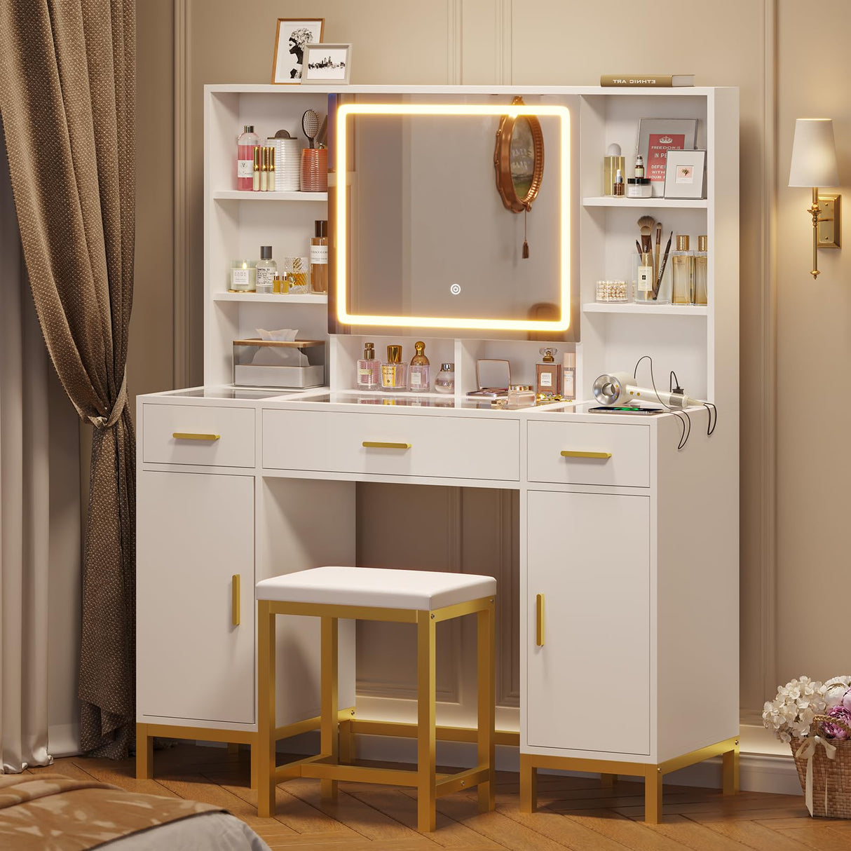 Vanity Desk with Openable Mirror and Lights, Glass Tabletop Makeup Vanity Set with Charging Station, White Vanity Table with 3 Drawers & 2 Cabinets, DIY Drawer Dividers, Hidden Hooks VIAGDO