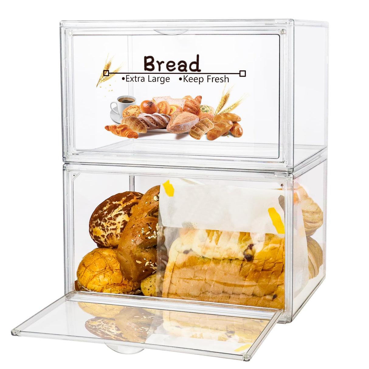 RISICULIS 2PCS Large Bread Box for Countertop, Stackable Double Layer Storage Container, Clear Boxes for Kitchen Counter, Bread Keeper for Homemade Bread, Bagel, Muffins, Rolls RISICULIS