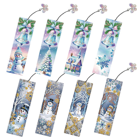 8 Pcs 5D Diamond Art Bookmarks for Reading Lovers, Handmade DIY Diamond Painting Book Marks with Tassels for DIY Making Beginners Adults Arts Craft Supplies (Snowman) JBTM24