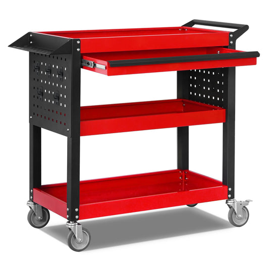 XCX 3 Tier Tool Cart on Wheels, Heavy Duty Metal Rolling Tool Cart with Drawers and Pegboards, 660 LBS Load Capacity Tool Storage Cart, Industrial Utility Tool Cart for Garage, Warehouse, Workshop