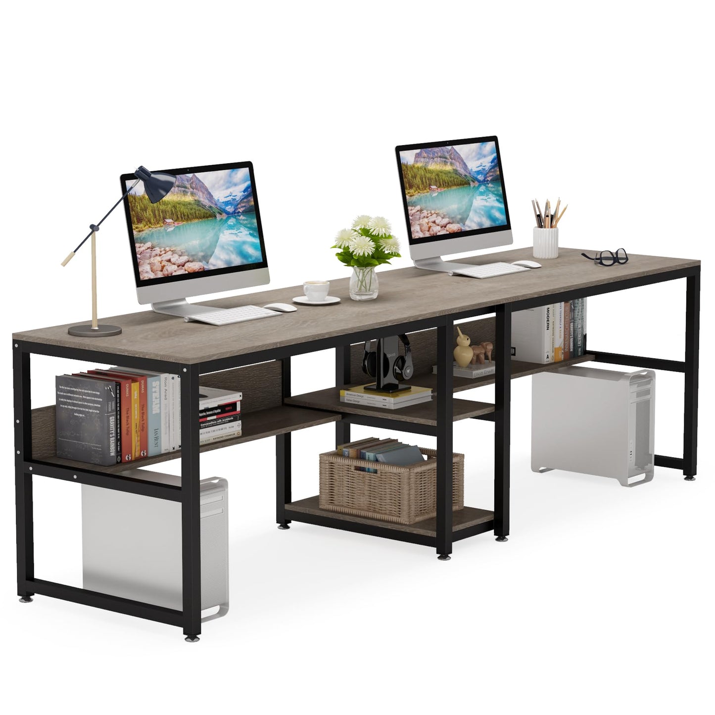 Tribesigns Two Person Desk with Bookshelf, 78.7 Computer Office Double Desk for Two Person, Rustic Writing Desk Workstation with Shelf for Home Office (Grey)