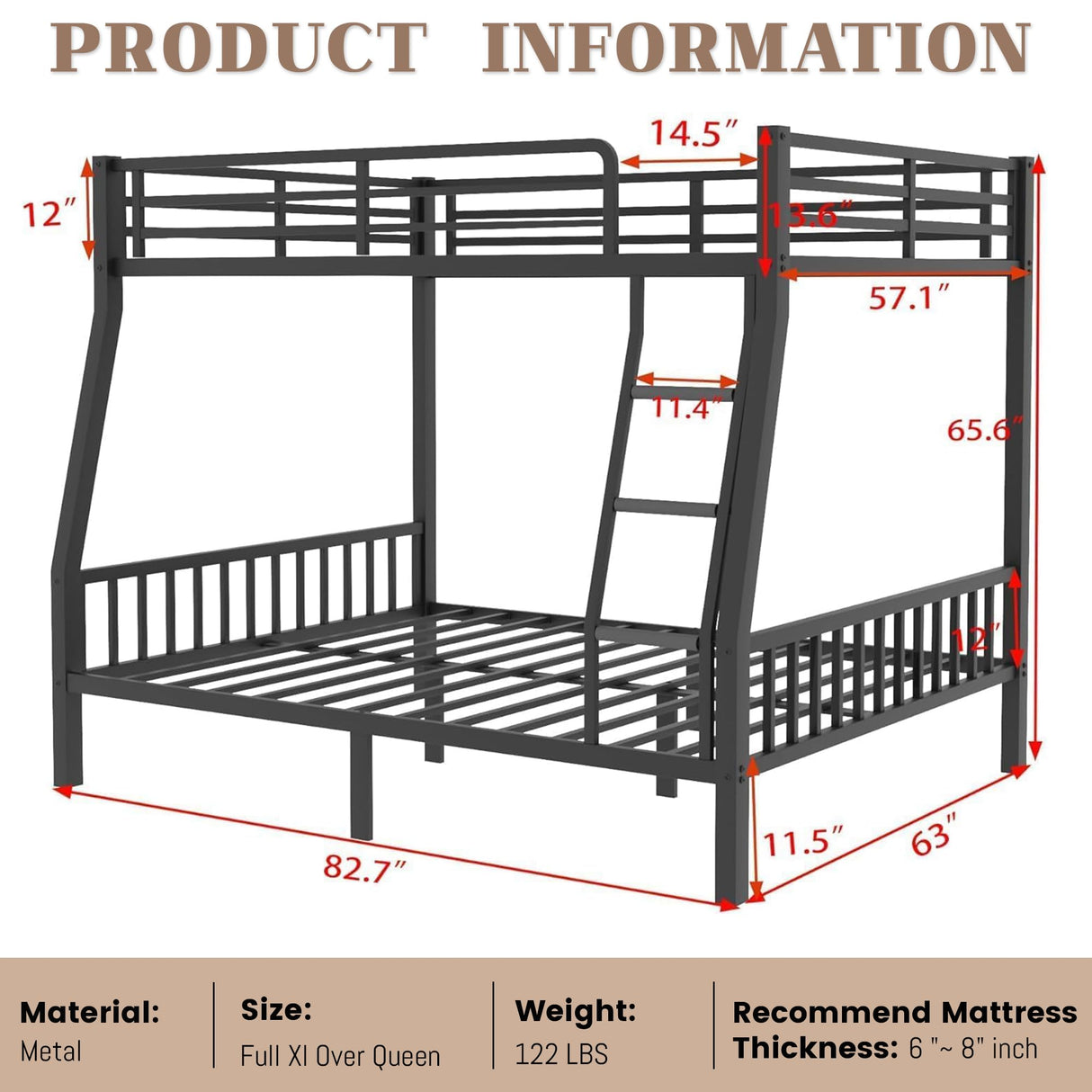 Full XL Over Queen Bunk Beds for Kids Teens Adults, Heavy-Duty Metal Bunk Bed Full Over Queen with Ladder and Slats Support for Boys Girls,Space-Saving,Noise Reduced,Black MoproBeti