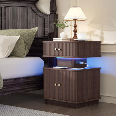 Night Stand, LED Nightstand, Modern Nightstand with Charging Station, Night Stand with 2 Drawers and Sliding Door, Curvy Edge, Small Bedside Table for Bedroom, Walnut