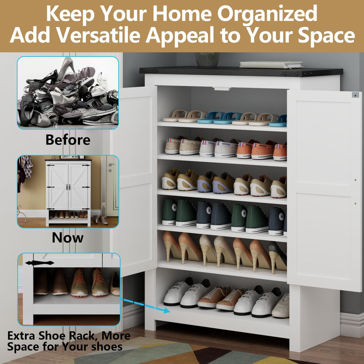 Loomie Shoe Cabinet with Doors, 7-Tier 28 Pair Shoe Cabinet Storage for Entryway, Hidden Narrow Shoe Cabinets with Adjustable Shelves, Slim Thin Shoe Rack Organizer for Hallway, Living Room, White Loomie