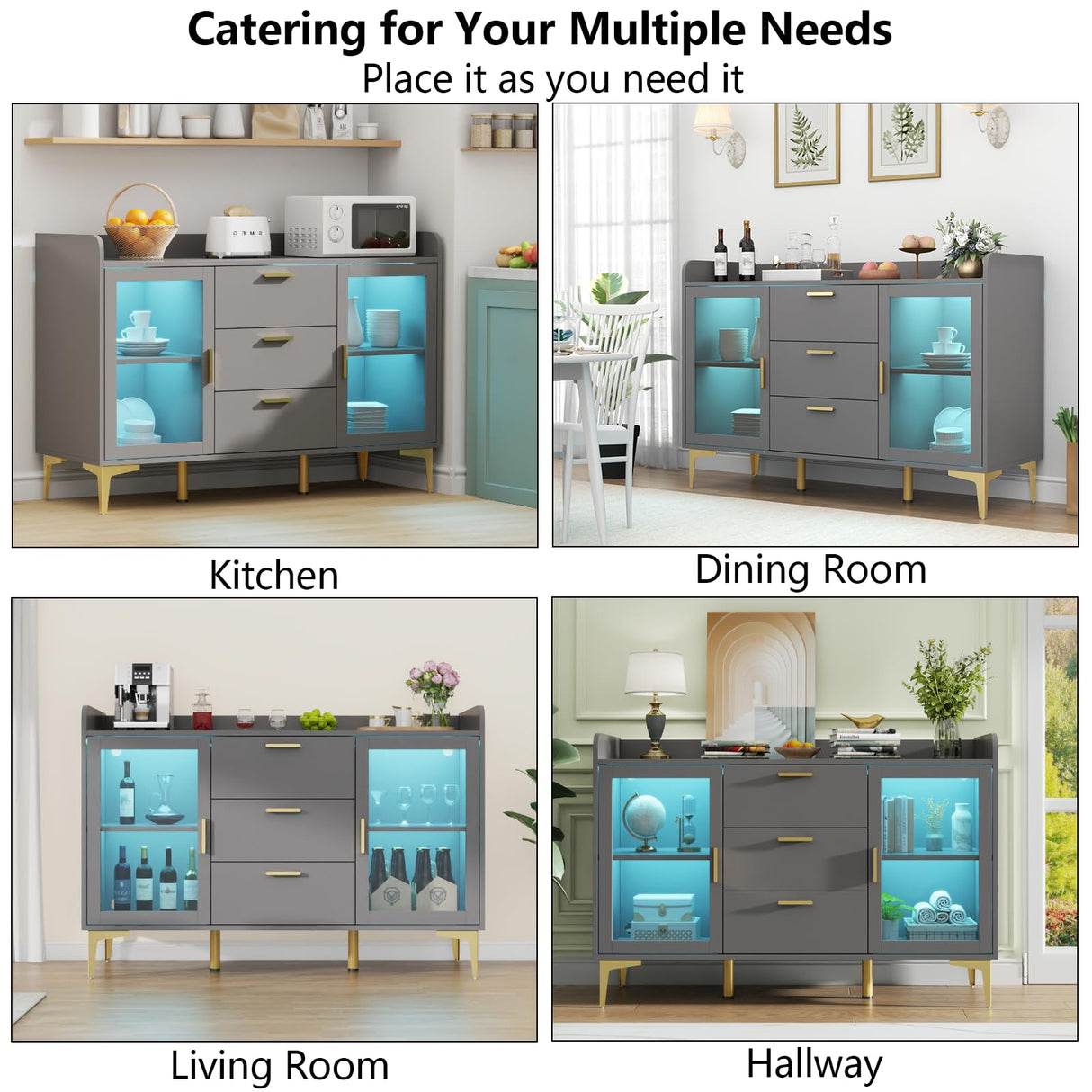 Auromie Sideboard Buffet Cabinet with 3 Drawers, Kitchen Storage Cabinet with LED Light, Coffee Bar Cabinet with Adjustable Shelf,Modern Organizer Cabinet with Door (Grey) Auromie