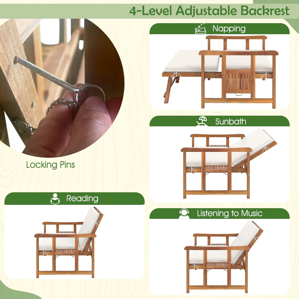 LDAILY Moccha Acacia Wood Outdoor Daybed - Wooden Loveseat Sofa with 4-Level Backrest, Storage Ottoman, Cushions, Outside Sunbed, Double Bed Lounger for Backyard Porch Pool Patio Furniture Set LDAILY