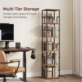MAHANCRIS 5-Tier Rotating Bookshelf, Freestanding Corner Bookshelf, 360° Spinning Bookcase, Industrial Style Storage Rack with Rails, for Living Room, Bedroom, Study, Rustic Brown and Black BKHR1601 MAHANCRIS