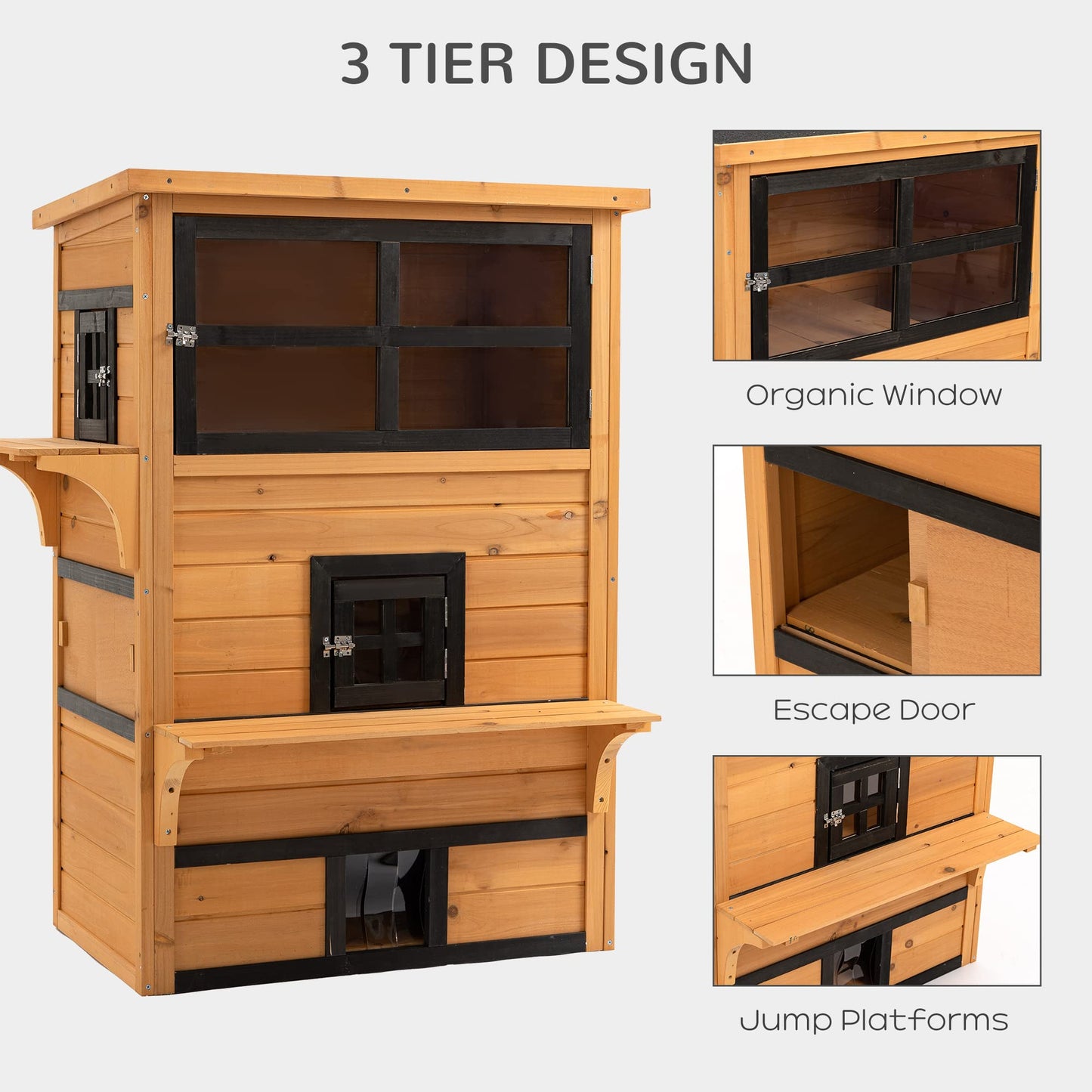 PawHut 3-Story Cat House Feral Cat Shelter, Outdoor Kitten Condo with Raised Floor, Asphalt Roof, Escape Doors, Jumping Platforms, Yellow - WoodArtSupply