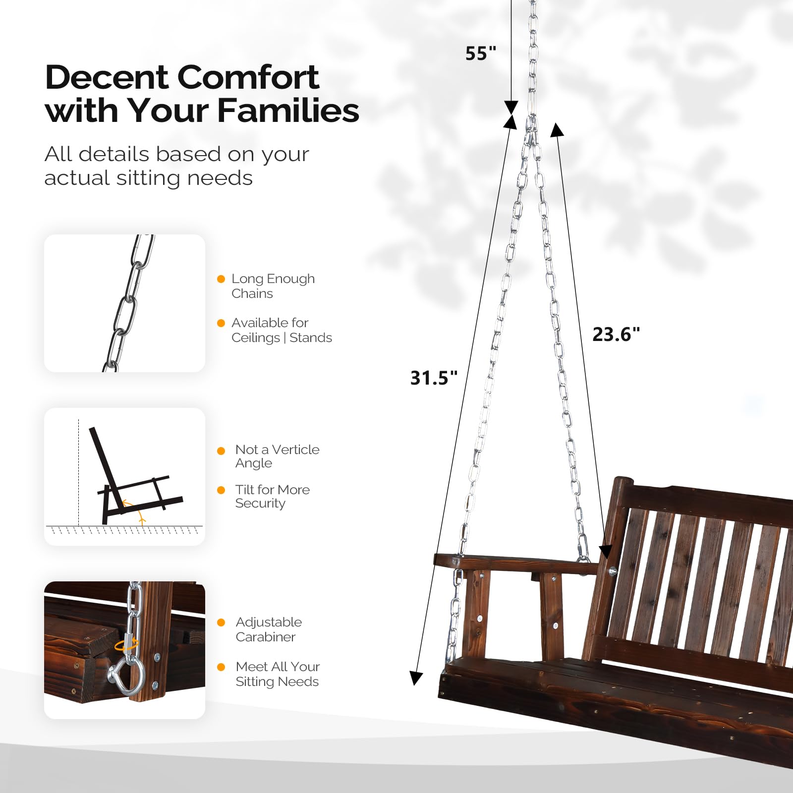 VINGLI Heavy Duty 880 LBS 5 FT Patio Wooden Porch Swing Outdoor with Upgraded Adjustable Chains, Outdoor Hanging Swing Bench for Garden, Yard, Balcony (5 FT, Rustic) - WoodArtSupply