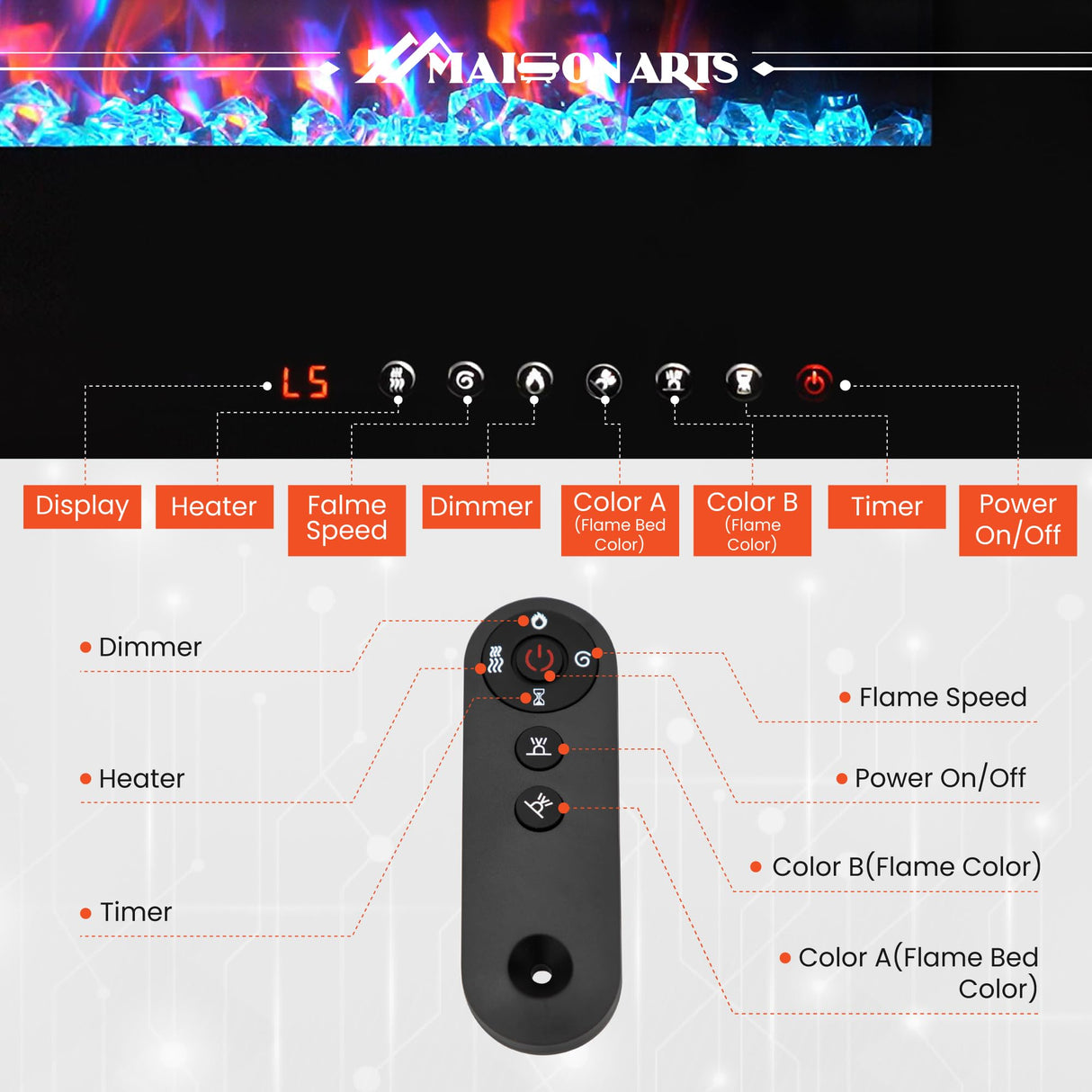MAISON ARTS 72" Electric Fireplace Indoor Wall Mounted & Recessed Fireplace Heater with Remote Control & Touch Screen,8hrs Timer, Adjustable Flame & Bed Colors and Speed for Bedroom Living Room,1500W MAISON ARTS
