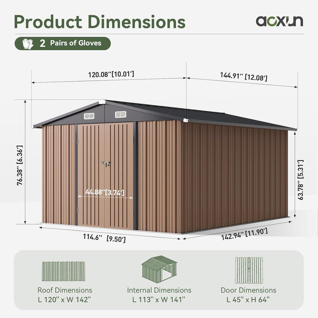 Aoxun 10 x 12FT Outdoor Storage Shed with Double Hinged Large Door Utility Garden Shed with Lockable Door & Sloped Roof Metal Sheds Outdoor Storage for Garden, Backyard, Patio and Backyard, Brown Aoxun