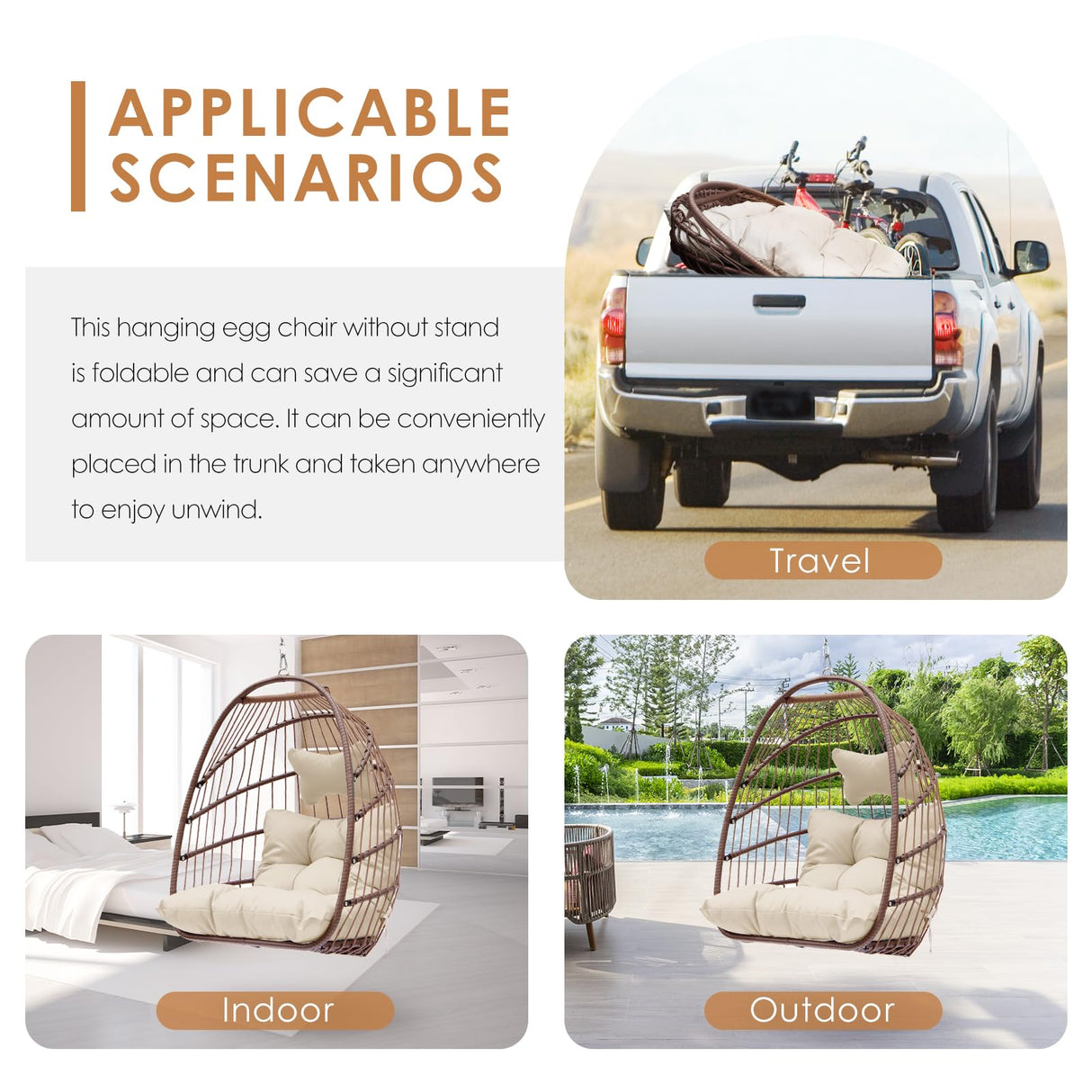 Nicesoul Outdoor Hanging Egg Chair Without Stand, Patio Wicker Swing Egg Basket Chairs with Padded Cushions, 350 Lbs Ceiling Tree Swinging Egg-Shaped Chair No Stand for Indoor Bedroom Porch, Brown NICESOUL