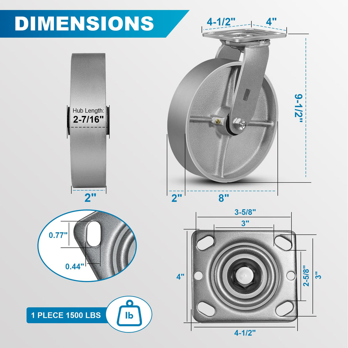 FOVERSWIVE 8"x2" Industrial Casters- Heavy Duty Casters, Cast Iron Wheel,Steel Casters Set of 4 Capacity up to 6000 Lb. Use for Platform Truck, U-Boat Cart,Workbenche(2 Swivel & 2 Rigid) FOVERSWIVE