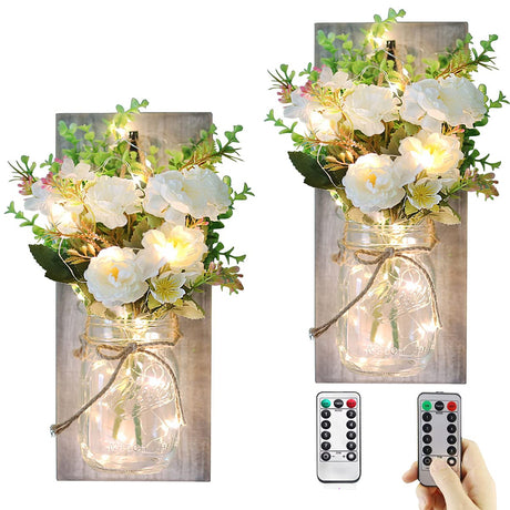 OCTMUSTARD Rustic Wall Decor Mason Jar Sconces Decor with Led Lights for Home Kitchen Farmhouse Bathroom and Living Room Decorative.Shabby Chic Grey Art Design Decorations,Set of Two OCTMUSTARD