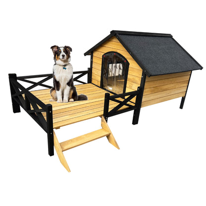 68'' Wooden Dog House Outdoor with Porch, Outside Dog House with Weather-Resistance Roof and Curtains, Wood Pet House Indoor Outdoor for Small Medium Dogs Pets, Natural - WoodArtSupply