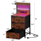 SZLHANJZ Nightstand, Dresser Nightstand with Charging Station and Led Lights, 3 Drawers Night Stand with Storage Shelf and Hooks, Tall End Side Table for Bedroom, Rustic Brown SZLHANJZ
