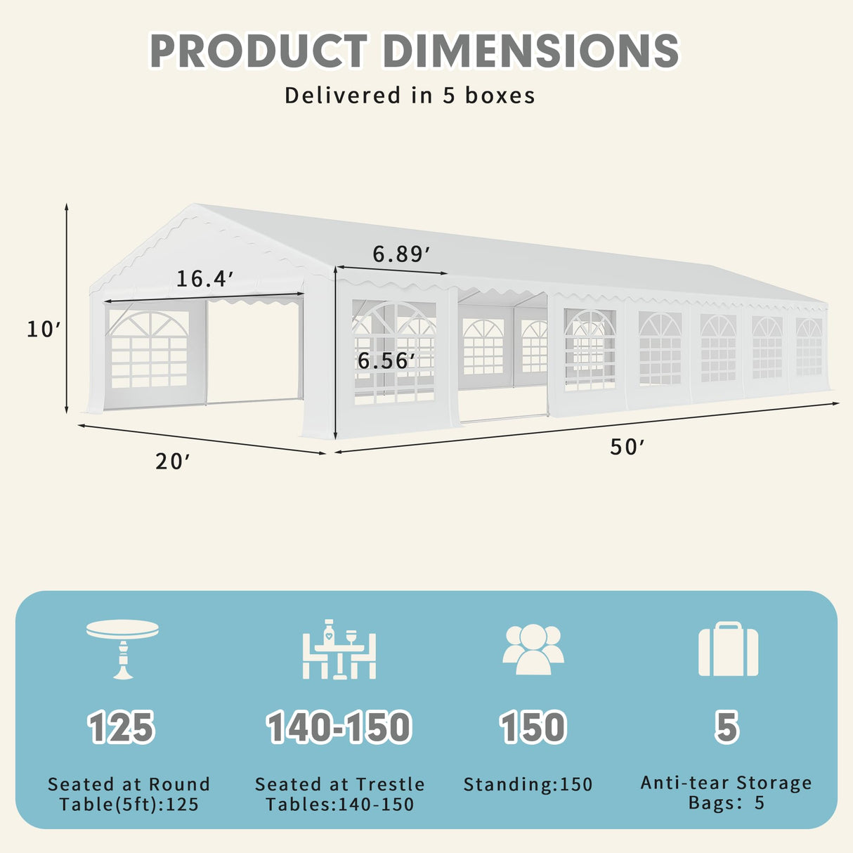 EROMMY 20x50ft Party Tent, Outdoor Wedding Tent, Heavy Duty Large Canopy Carport with Removable Sidewalls, 2 Roll-up Doors, 5 Storage Bags, Gazebo Shelter Tent for Party Event Commercials, White EROMMY