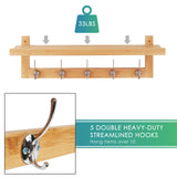 SMIBUY Coat Hooks with Shelf Wall-Mounted, 29.2 Inch Entryway Coat Rack for Wall, Bamboo Hanging Shelf with 5 Double Metal Hooks for Bathroom, Bedroom, Kitchen, Living Room, Mudroom (Natural) SMIBUY