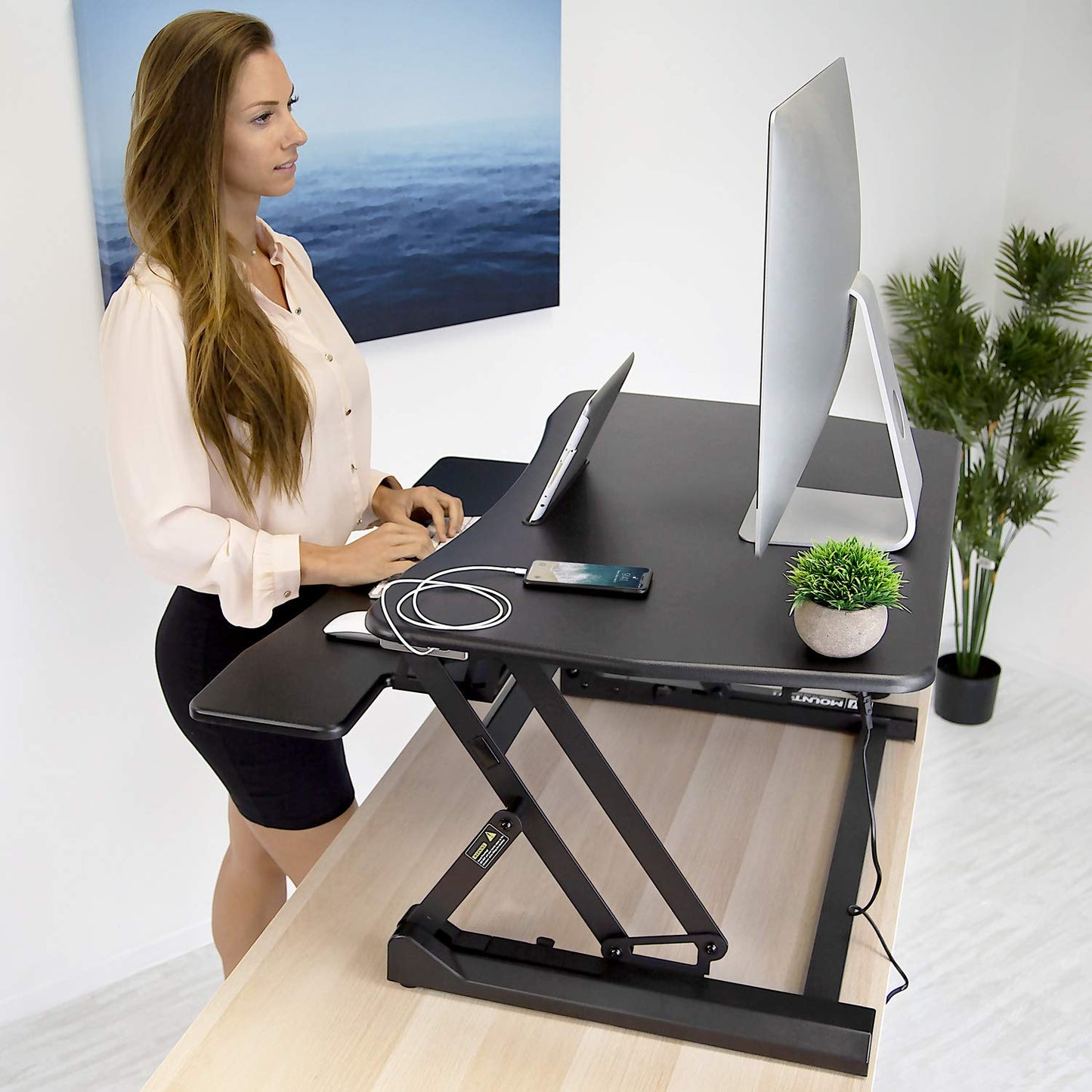 Mount-It! Electric Standing Desk Converter with 35.4" x 23.2 Desktop Riser, Motorized Stand Up Desk Convertor, Built-in USB Port, Ergonomic Height Adjustable Standing Desk Topper in Black (MI - WoodArtSupply