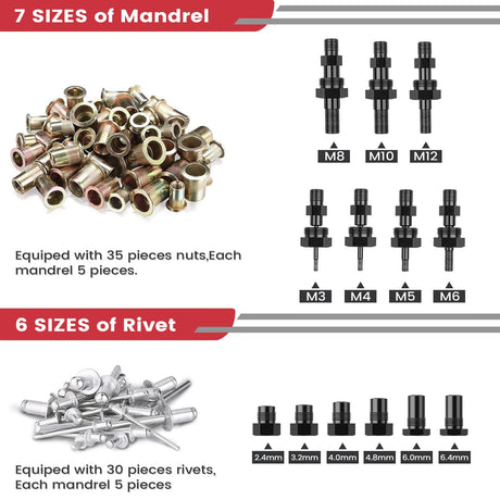 Beaspire Cordless Drill Electric Rivet Gun Adapter, 2-in-1 Rivet Nut Adapter Kit with 7 Metric Mandrels, and 6 Sizes of Rivet Heads, 65Pcs Assorted Rivet Nuts, Carrying Case Beaspire
