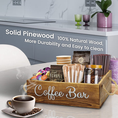 QUALLON Coffee Station Organizer with Small Removable Dividers, Wooden Coffee Bar Accessories Storage For Countertop, Farmhouse Kcup Coffee Pod Holder Basket With Handle For Coffee Lover QUALLON