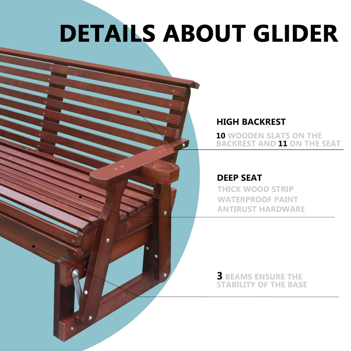 Beneouya 5FT Heavy Duty 800 LBS Outdoor Porch Glider Bench with Cupholders – Comfortable 2-Seater in Dark Brown Beneouya